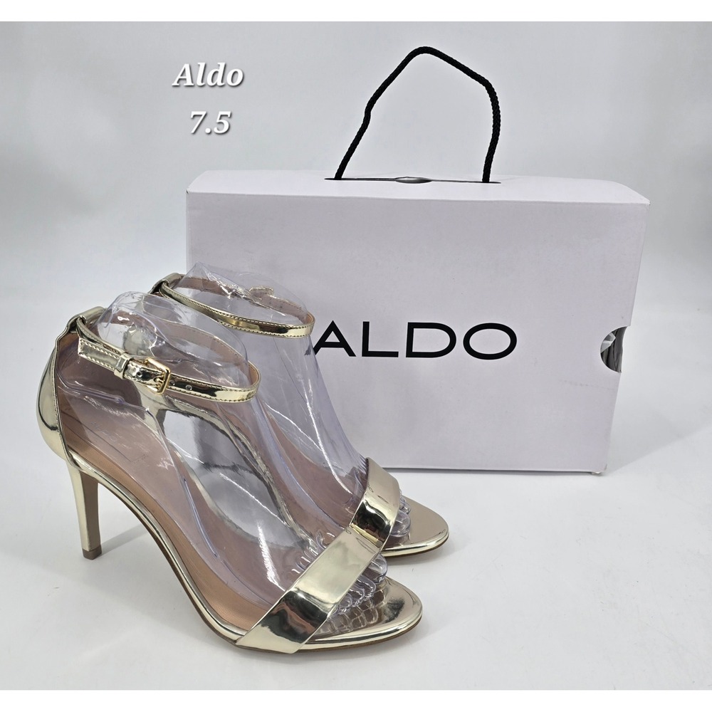 ALDO Gold Metallic Ankle Strap Stiletto Sandals Heels Size 7.5